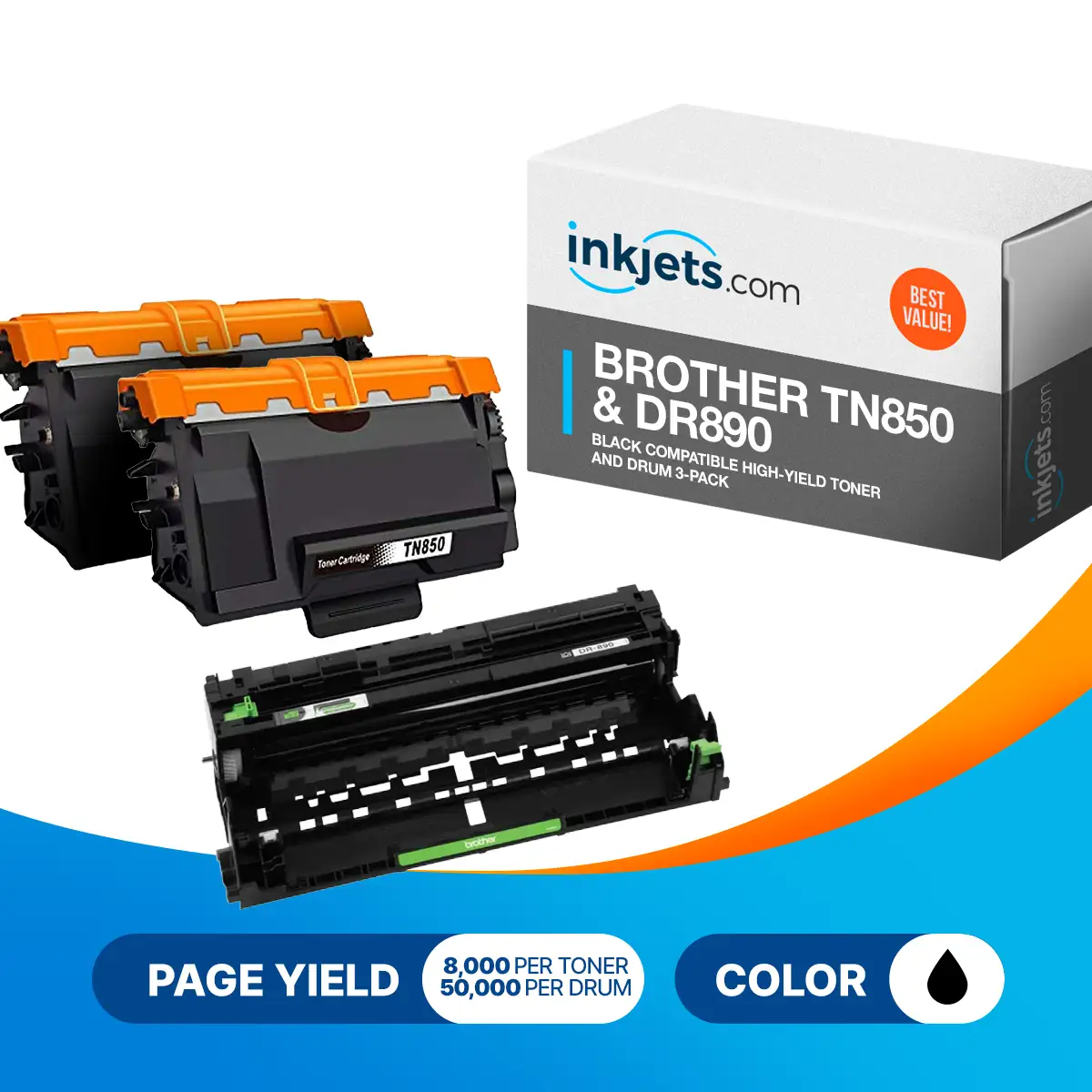 Brother TN850 & DR890 Black Compatible High-Yield Toner and Drum 3-Pack - Image 2