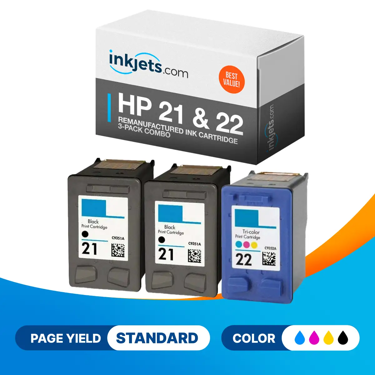 HP 21 & 22 Remanufactured Ink Cartridge 3-Pack Combo - Image 2